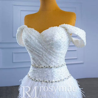 Mermaid Sequins Off the Shoulder Wedding Dress with Feather - Rosymae