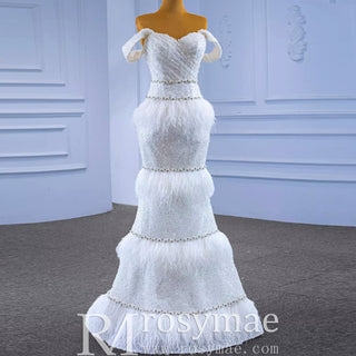 Mermaid Sequins Off the Shoulder Wedding Dress with Feather - Rosymae