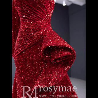 Mermaid Sequins One Shoulder Long Sleeve Ruffle Prom Dress - Rosymae