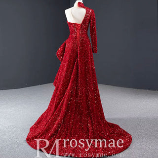 Mermaid Sequins One Shoulder Long Sleeve Ruffle Prom Dress - Rosymae