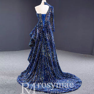 Mermaid Sequins One Shoulder Long Sleeve Ruffle Prom Dress - Rosymae
