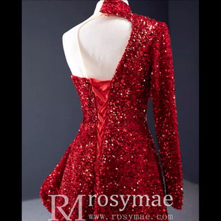 Mermaid Sequins One Shoulder Long Sleeve Ruffle Prom Dress - Rosymae