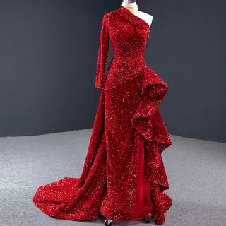 Mermaid Sequins One Shoulder Long Sleeve Ruffle Prom Dress - Rosymae