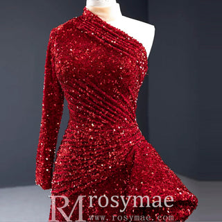 Mermaid Sequins One Shoulder Long Sleeve Ruffle Prom Dress - Rosymae