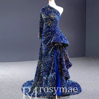 Mermaid Sequins One Shoulder Long Sleeve Ruffle Prom Dress - Rosymae