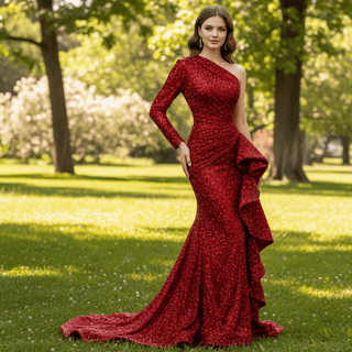 Mermaid Sequins One Shoulder Long Sleeve Ruffle Prom Dress - Rosymae