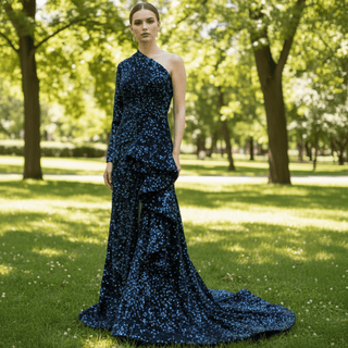 Mermaid Sequins One Shoulder Long Sleeve Ruffle Prom Dress - Rosymae