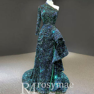 Mermaid Sequins One Shoulder Long Sleeve Ruffle Prom Dress - Rosymae