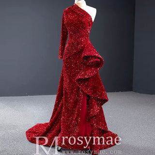 Mermaid Sequins One Shoulder Long Sleeve Ruffle Prom Dress - Rosymae