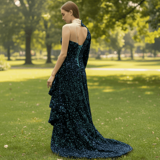 Mermaid Sequins One Shoulder Long Sleeve Ruffle Prom Dress - Rosymae