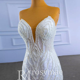 Mermaid Sequins Strapless Pearls Wedding Dress with Vneck - Rosymae