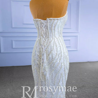 Mermaid Sequins Strapless Pearls Wedding Dress with Vneck - Rosymae