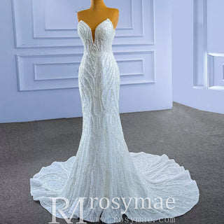 Mermaid Sequins Strapless Pearls Wedding Dress with Vneck - Rosymae