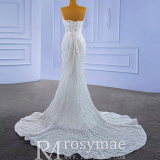 Mermaid Sequins Strapless Pearls Wedding Dress with Vneck - Rosymae