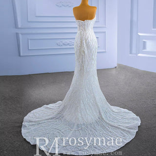 Mermaid Sequins Strapless Pearls Wedding Dress with Vneck - Rosymae