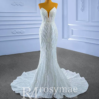 Mermaid Sequins Strapless Pearls Wedding Dress with Vneck - Rosymae
