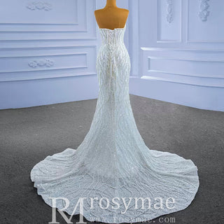 Mermaid Sequins Strapless Pearls Wedding Dress with Vneck - Rosymae