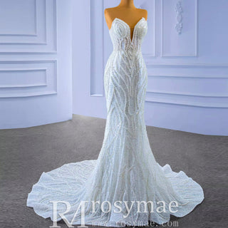 Mermaid Sequins Strapless Pearls Wedding Dress with Vneck - Rosymae