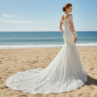 Sheer Long Sleeve Mermaid Wedding Dress with Lace Covered