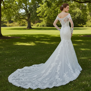 Sheer Long Sleeve Mermaid Wedding Dress with Lace Covered