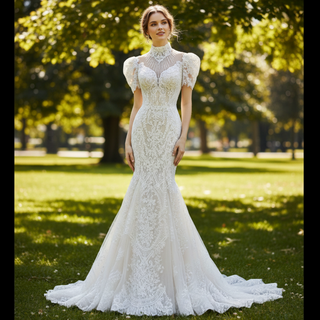 O-Neck Trumpet Lace Keyhole Wedding Dress with Short Puffy Sleeve