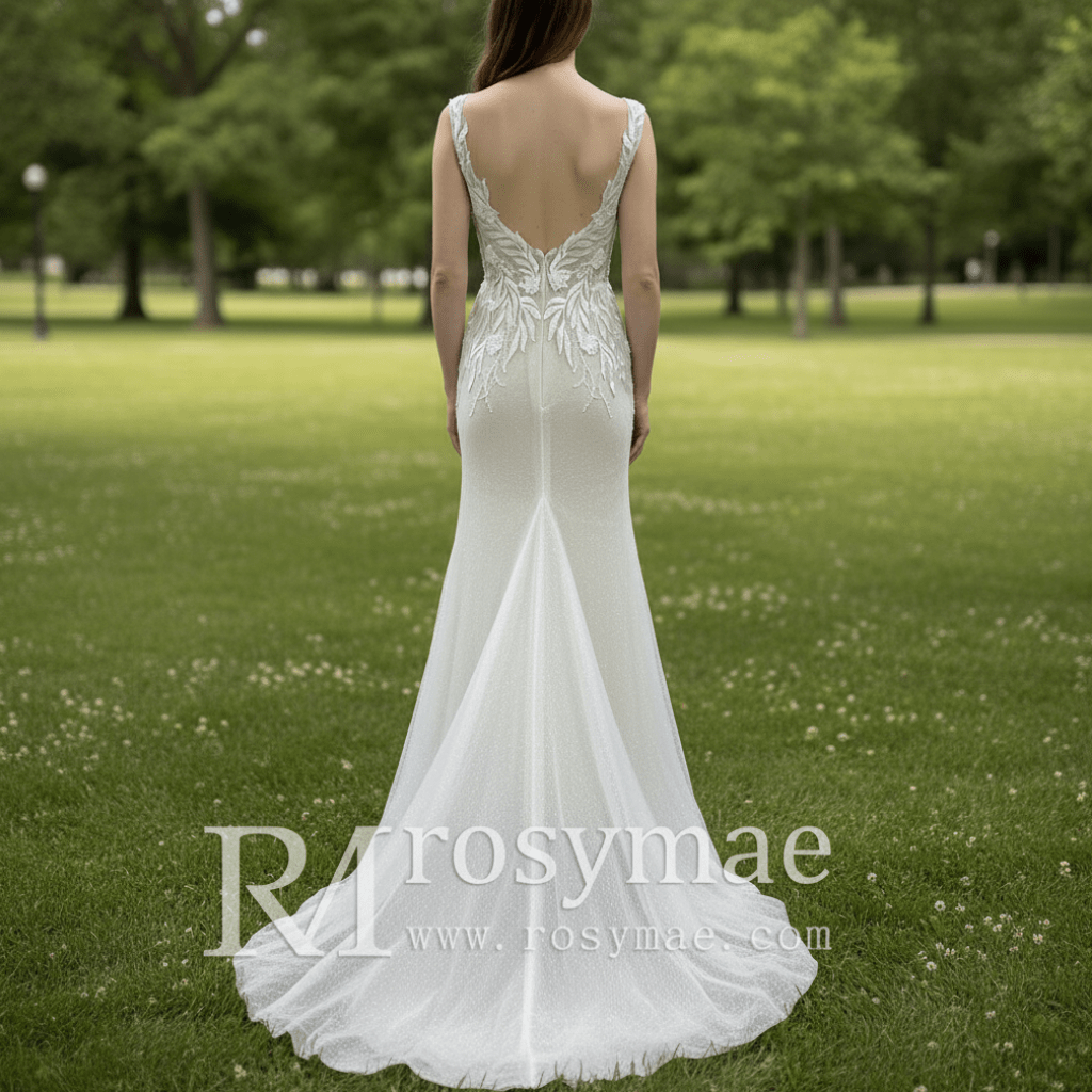 Mermaid Skirt Vneck Wedding Dress with Low Open Back for Bride - Rosymae