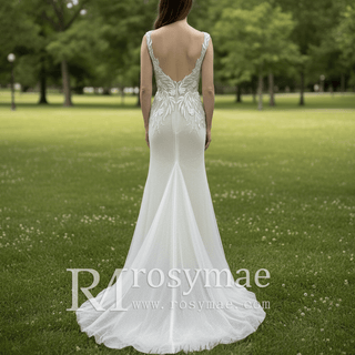 Mermaid Skirt Vneck Wedding Dress with Low Open Back for Bride - Rosymae
