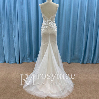 Mermaid Skirt Vneck Wedding Dress with Low Open Back for Bride - Rosymae