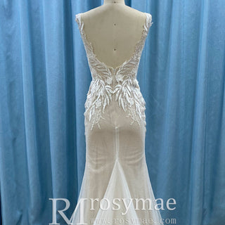 Mermaid Skirt Vneck Wedding Dress with Low Open Back for Bride - Rosymae