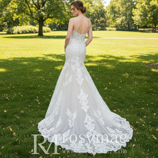 Mermaid Spaghetti Plunging Neckline Lace Wedding Dress with Appliques - Rosymae