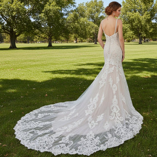 Mermaid Spaghetti Plunging Neckline Lace Wedding Dress with Appliques - Rosymae