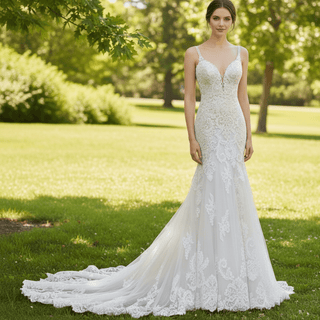Mermaid Spaghetti Plunging Neckline Lace Wedding Dress with Appliques - Rosymae