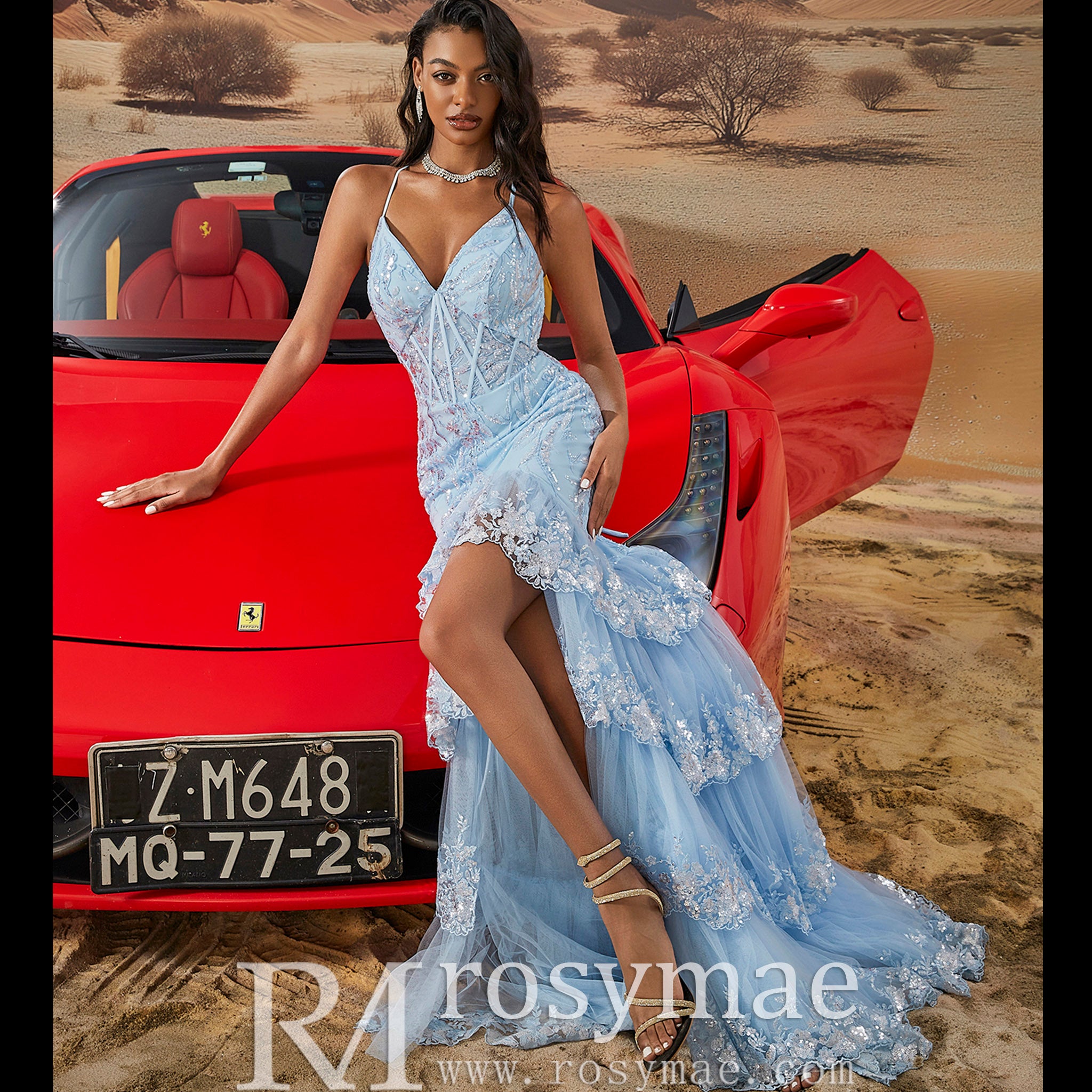 Elegant Mermaid Mermaid Spaghetti Straps Long Prom Dress with Slits Sky Blue / 1XL Elegant Mermaid Mermaid Spaghetti Straps Long Prom Dress with Slits Sky Blue / 1XL