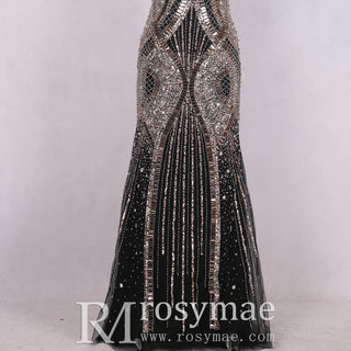 Black Fitted Mermaid Dress with Sparkly Crystals Prom Party Gown