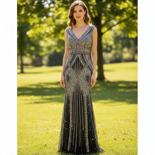 Black Fitted Mermaid Dress with Sparkly Crystals Prom Party Gown