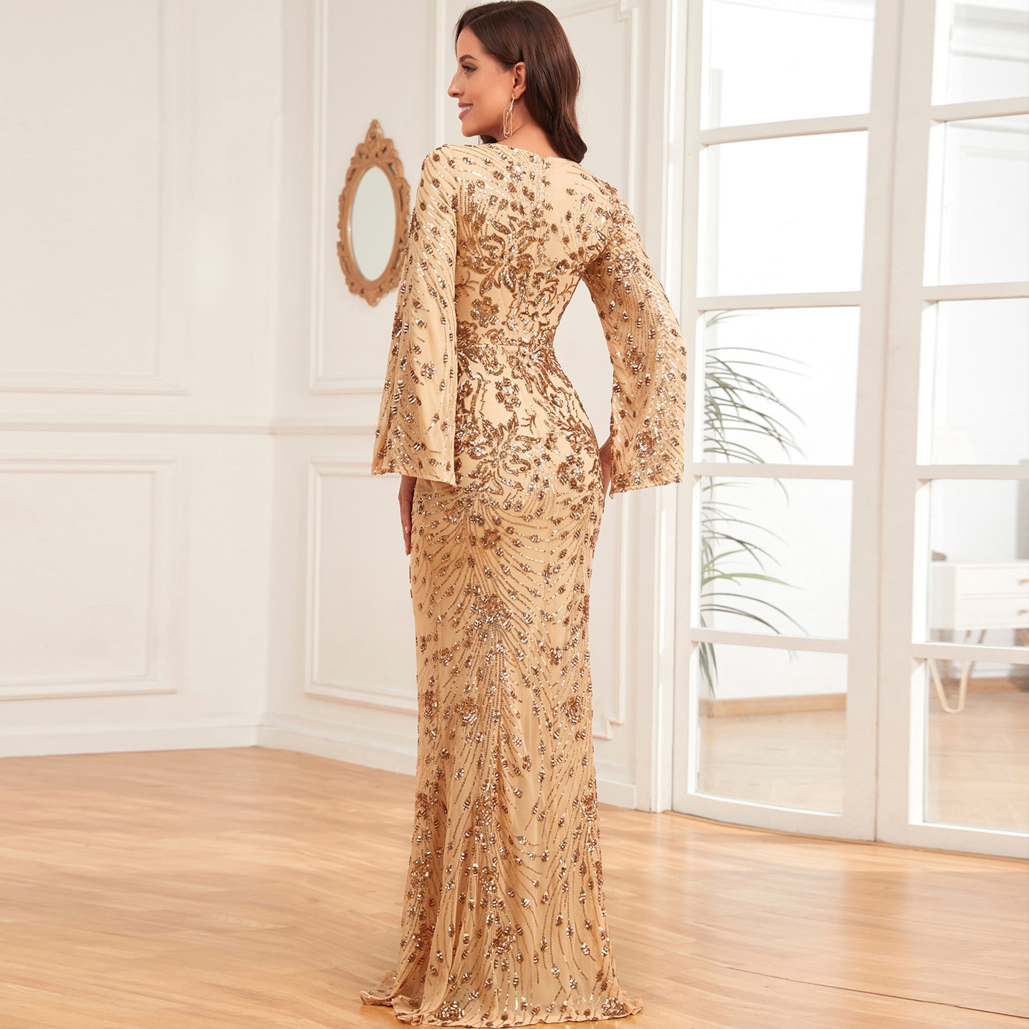Glitter Mermaid Dress Mother of The Bride Long Sleeve V-Neck Formal Go Rosymae Glitter Mermaid Dress Mother of The Bride Long Sleeve V-Neck Formal Go Rosymae