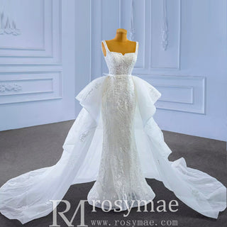 Mermaid Tulle Appliques Wedding Dress With Detachable Train - Rosymae