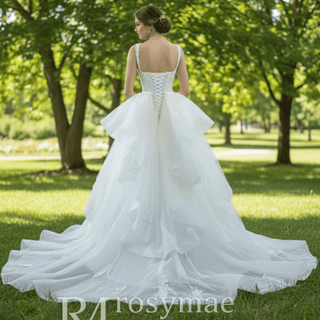 Mermaid Tulle Appliques Wedding Dress With Detachable Train - Rosymae