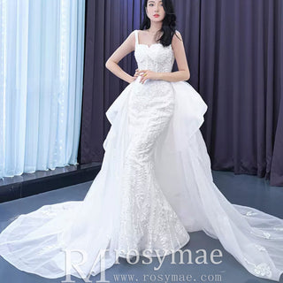 Mermaid Tulle Appliques Wedding Dress With Detachable Train - Rosymae