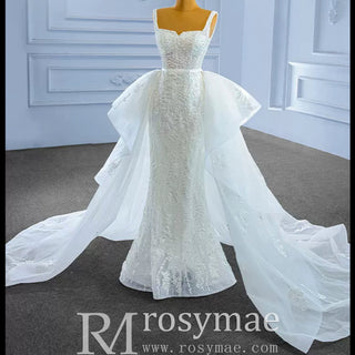 Mermaid Tulle Appliques Wedding Dress With Detachable Train - Rosymae