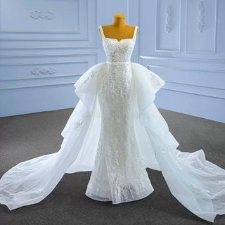 Mermaid Tulle Appliques Wedding Dress With Detachable Train - Rosymae