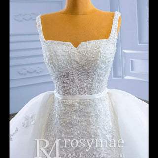 Mermaid Tulle Appliques Wedding Dress With Detachable Train - Rosymae