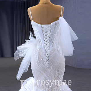 Mermaid Tulle Pleats Beading Wedding Dress with Spaghetti Strap - Rosymae