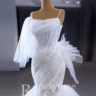 Mermaid Tulle Pleats Beading Wedding Dress with Spaghetti Strap - Rosymae
