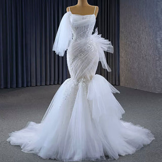 Mermaid Tulle Pleats Beading Wedding Dress with Spaghetti Strap - Rosymae