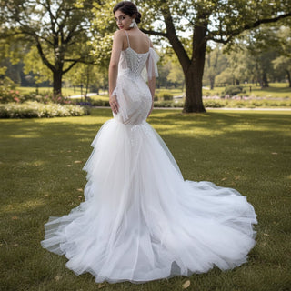 Mermaid Tulle Pleats Beading Wedding Dress with Spaghetti Strap - Rosymae
