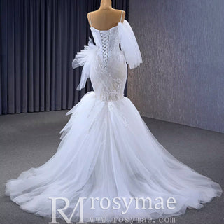 Mermaid Tulle Pleats Beading Wedding Dress with Spaghetti Strap - Rosymae