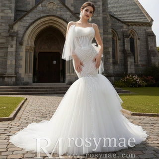 Mermaid Tulle Pleats Beading Wedding Dress with Spaghetti Strap - Rosymae