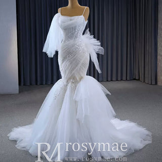 Mermaid Tulle Pleats Beading Wedding Dress with Spaghetti Strap - Rosymae