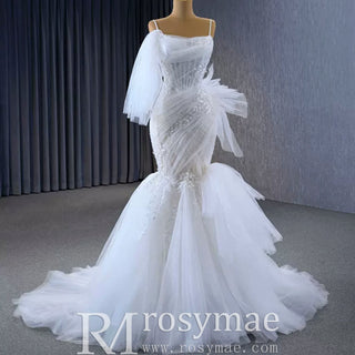 Mermaid Tulle Pleats Beading Wedding Dress with Spaghetti Strap - Rosymae